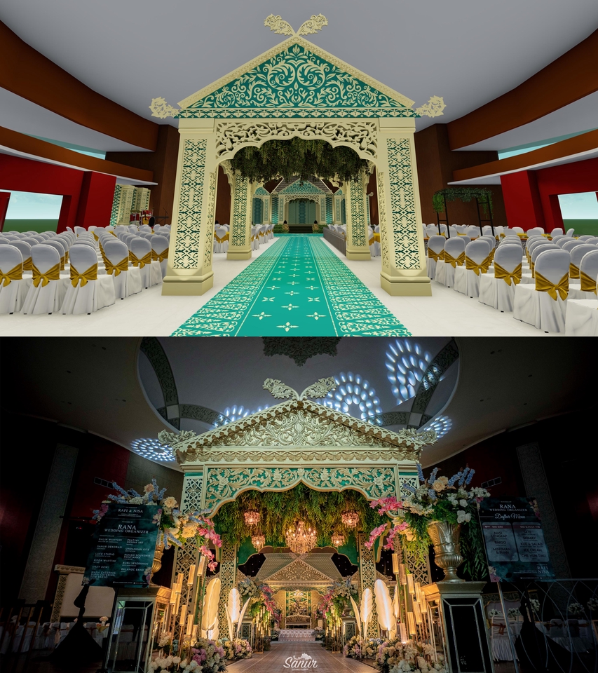 Jasa desain 3D interior dan exterior pernikahan; render 3D desain dekorasi pelaminan mewah.  Desain arsitektur gedung minimalis modern.