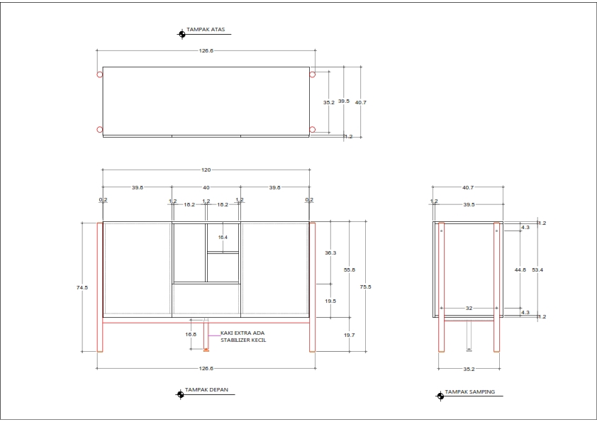 Desain lemari minimalis dengan tiga rak dan dua pintu, desain interior furniture online, desain furniture 3d
