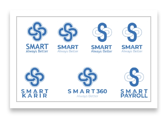 Logo SMART dengan berbagai layanan seperti SMART KARIR, SMART 360, dan SMART PAYROLL. Layanan desain dan percetakan untuk branding dan promosi.