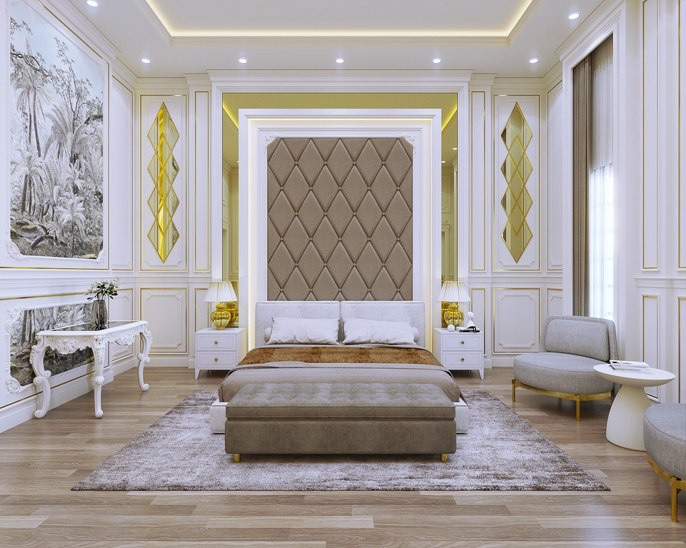 Desain interior kamar tidur mewah dengan nuansa klasik dan modern, lengkap dengan sofa dan meja samping tempat tidur. Layanan desain interior profesional, jasa desain interior rumah.