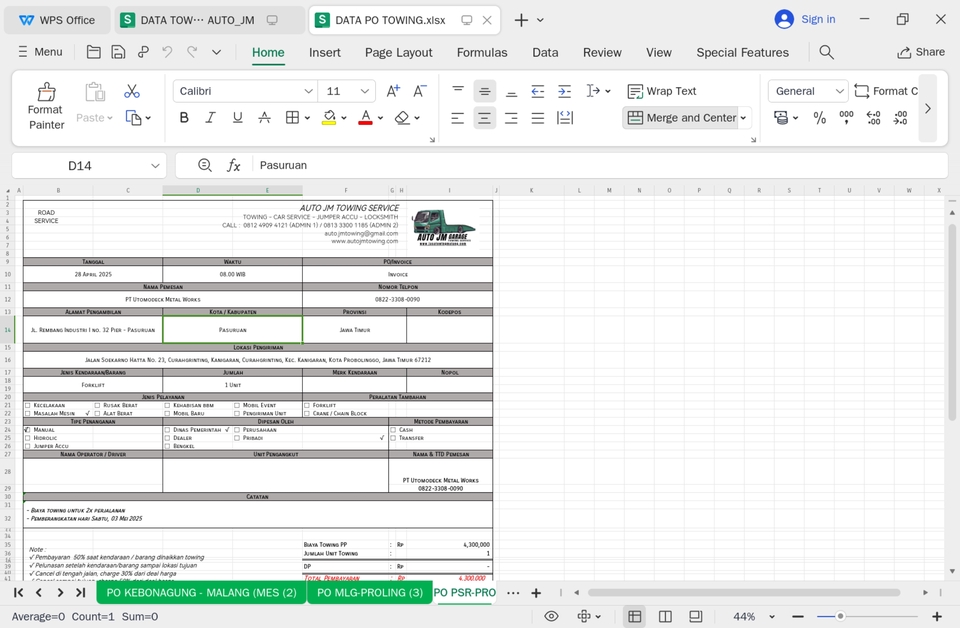 Jasa input data excel dan entri data online untuk Auto JM Towing Service.  Laporan data entry lengkap.