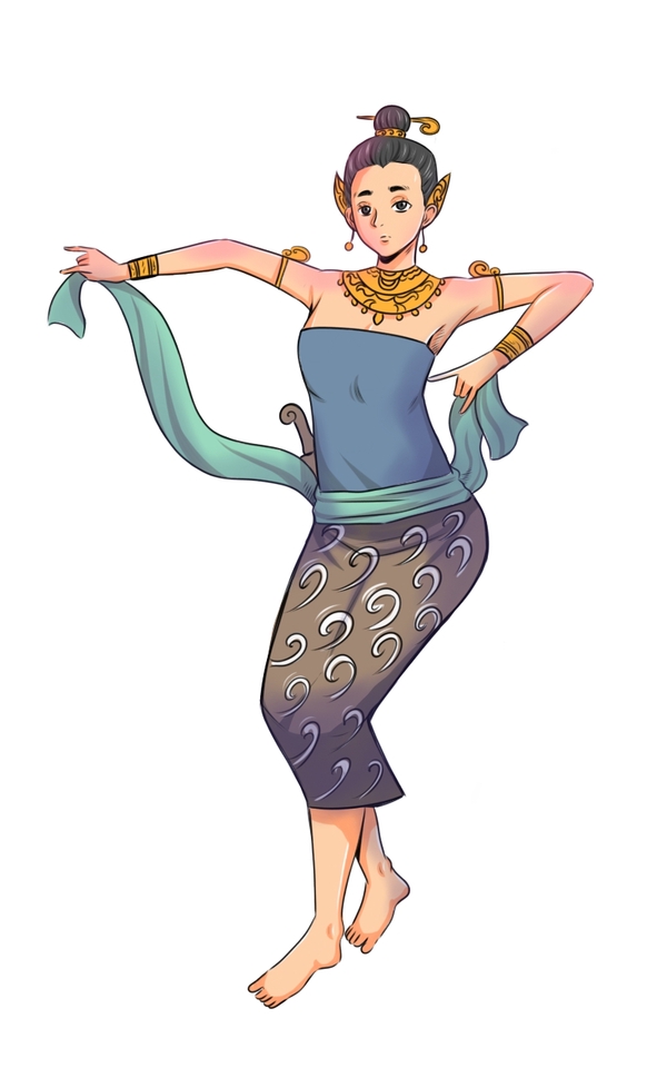 Ilustrasi wanita berpakaian tradisional Indonesia dengan motif batik sedang menari