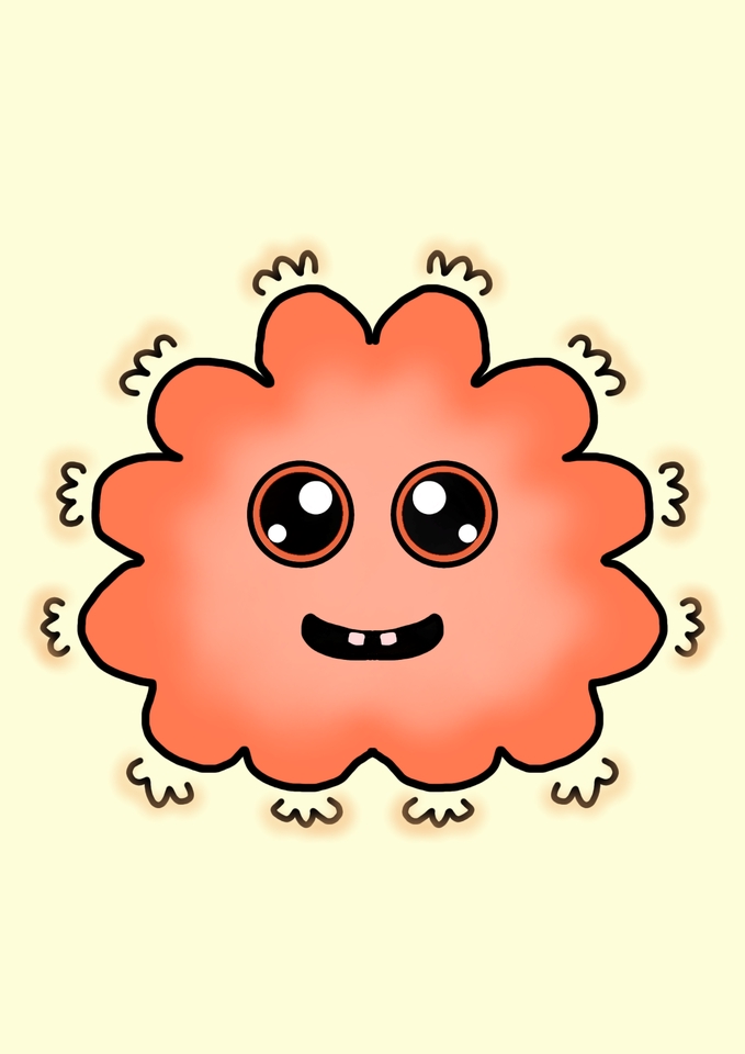 Desain karakter monster lucu dengan mata besar dan gigi yang hilang untuk jasa desain karakter game atau desain karakter vtuber