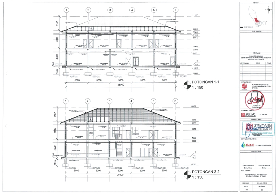 Jasa drafter autocad freelance, gambar denah bangunan 2 lantai dengan detail potongan skala 1:150.
