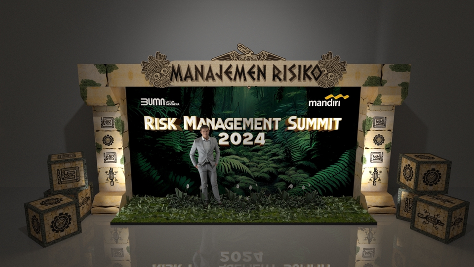 Jasa desain booth pameran 3D untuk event Risk Management Summit 2024, dengan desain modern dan minimalis.