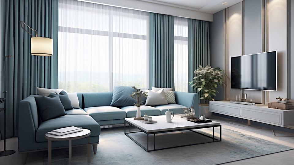 Jasa desain interior ruang tamu minimalis modern dengan sofa dan televisi.