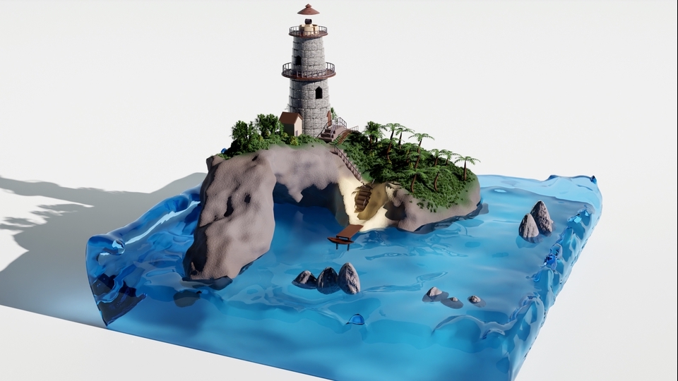 รับทำโมเดล 3d หอคอยบนเกาะ 3d model 3D