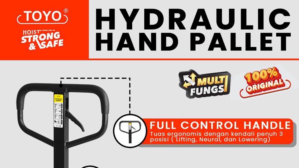 Jasa desain hand pallet hidrolik dengan kontrol handle penuh 3 posisi: lifting, netral dan lowering. Harga desain hand pallet murah, profesional, dan cepat.