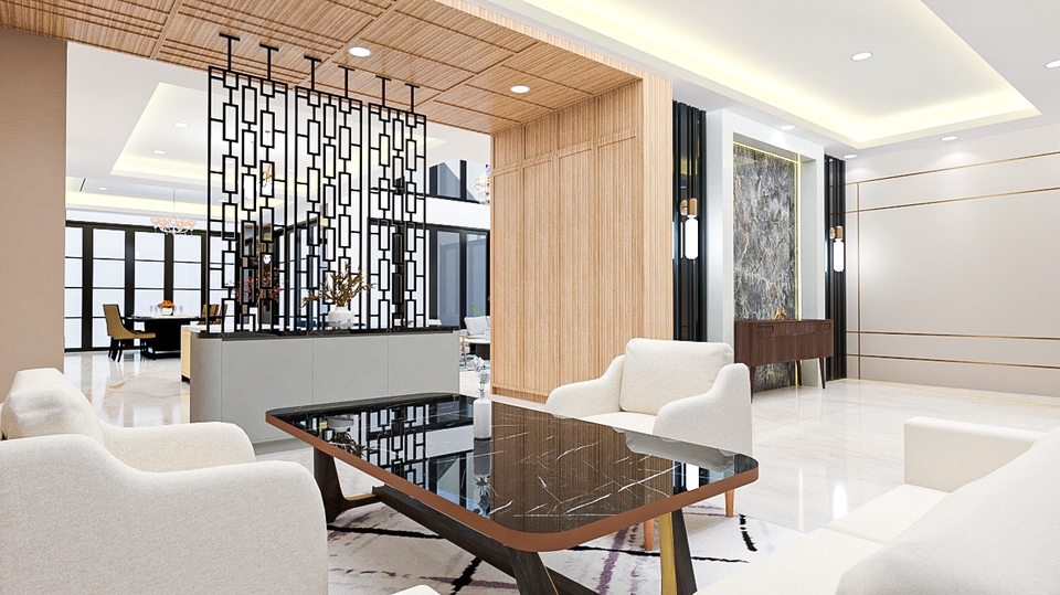 Jasa desain interior ruang tamu dengan desain modern minimalis dan sofa putih