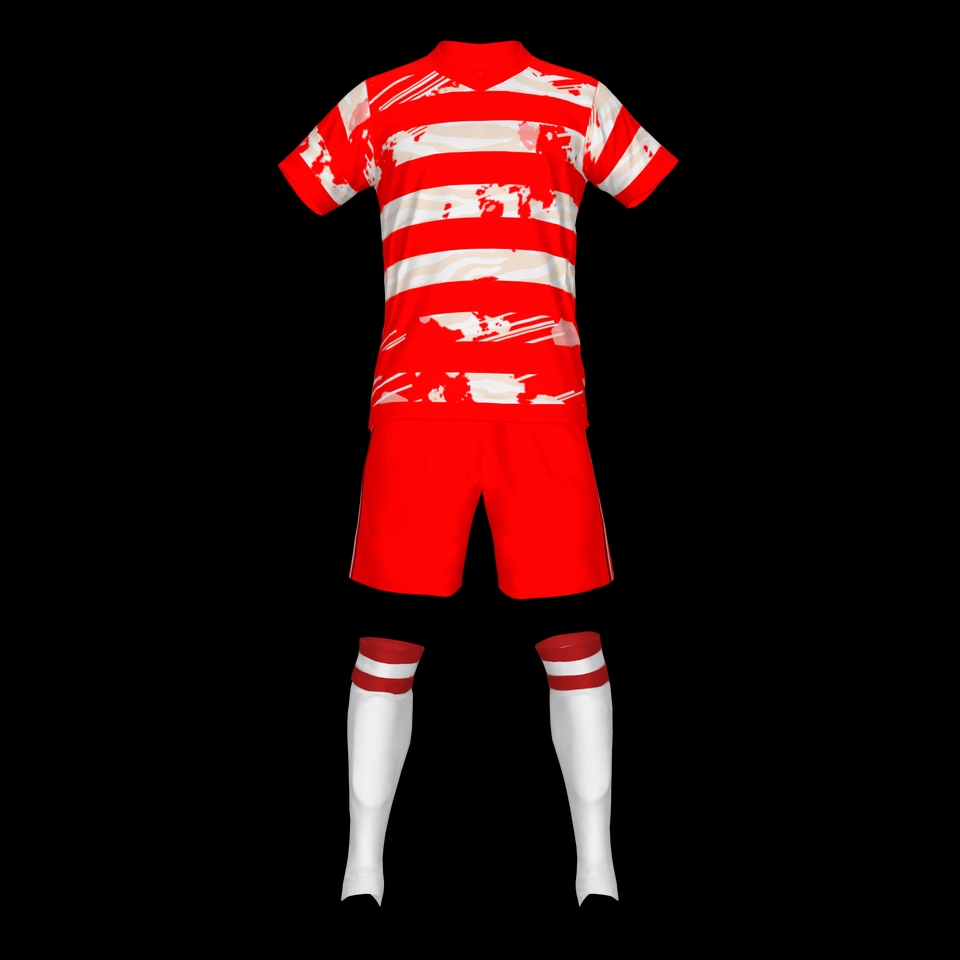 Desain kaos olahraga dengan motif garis horizontal dan warna merah putih