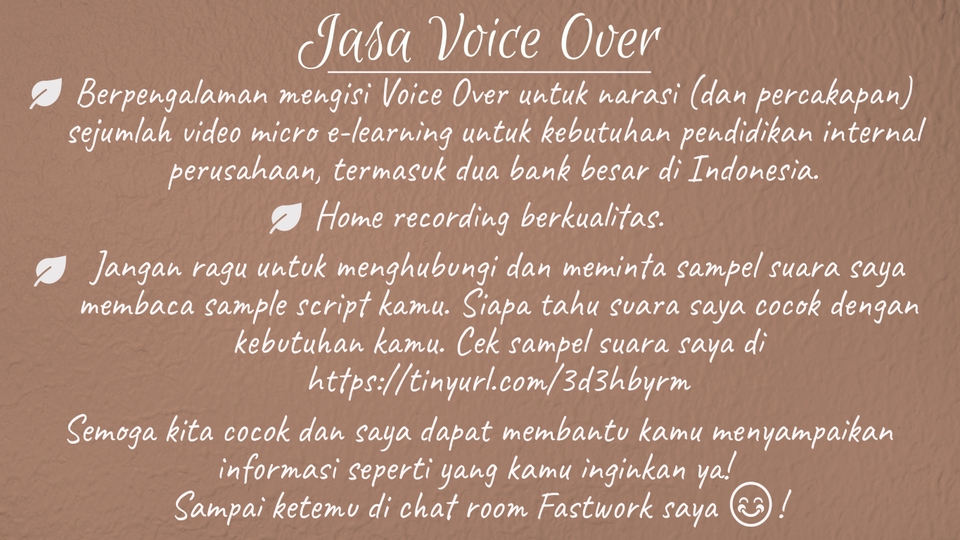 Sulih suara (dubbing, looping) - Jasa Voice Over (VO) Bahasa Indonesia dan Bahasa Inggris. - 3