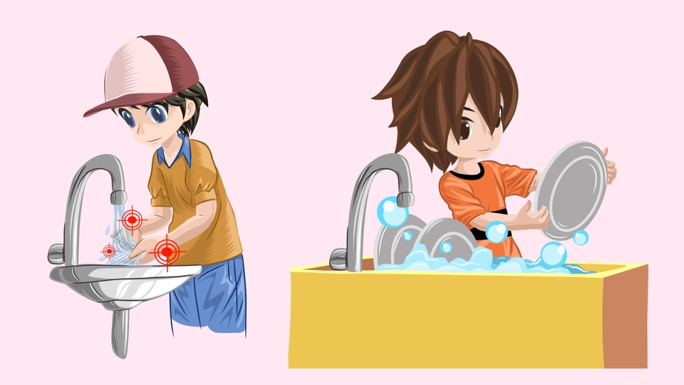 Jasa ilustrasi kartun dua anak laki-laki sedang mencuci piring