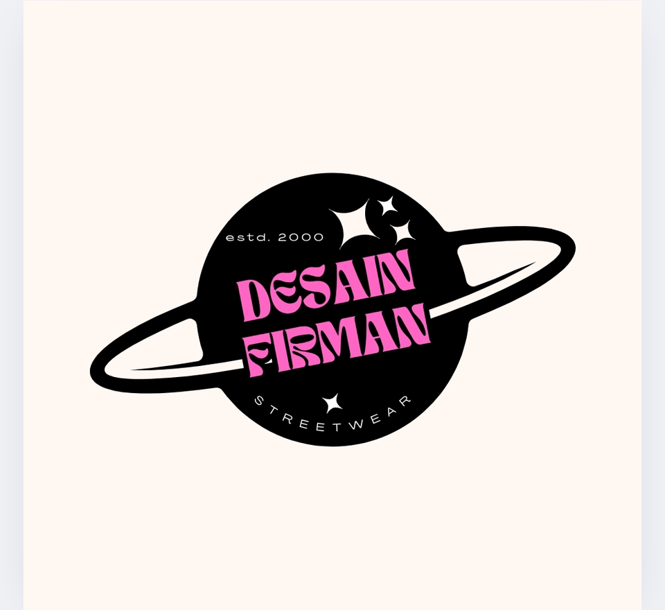 Desain logo streetwear dengan tulisan Desain Firman dan planet dengan bintang di atasnya, cocok untuk usaha clothing dan komunitas.