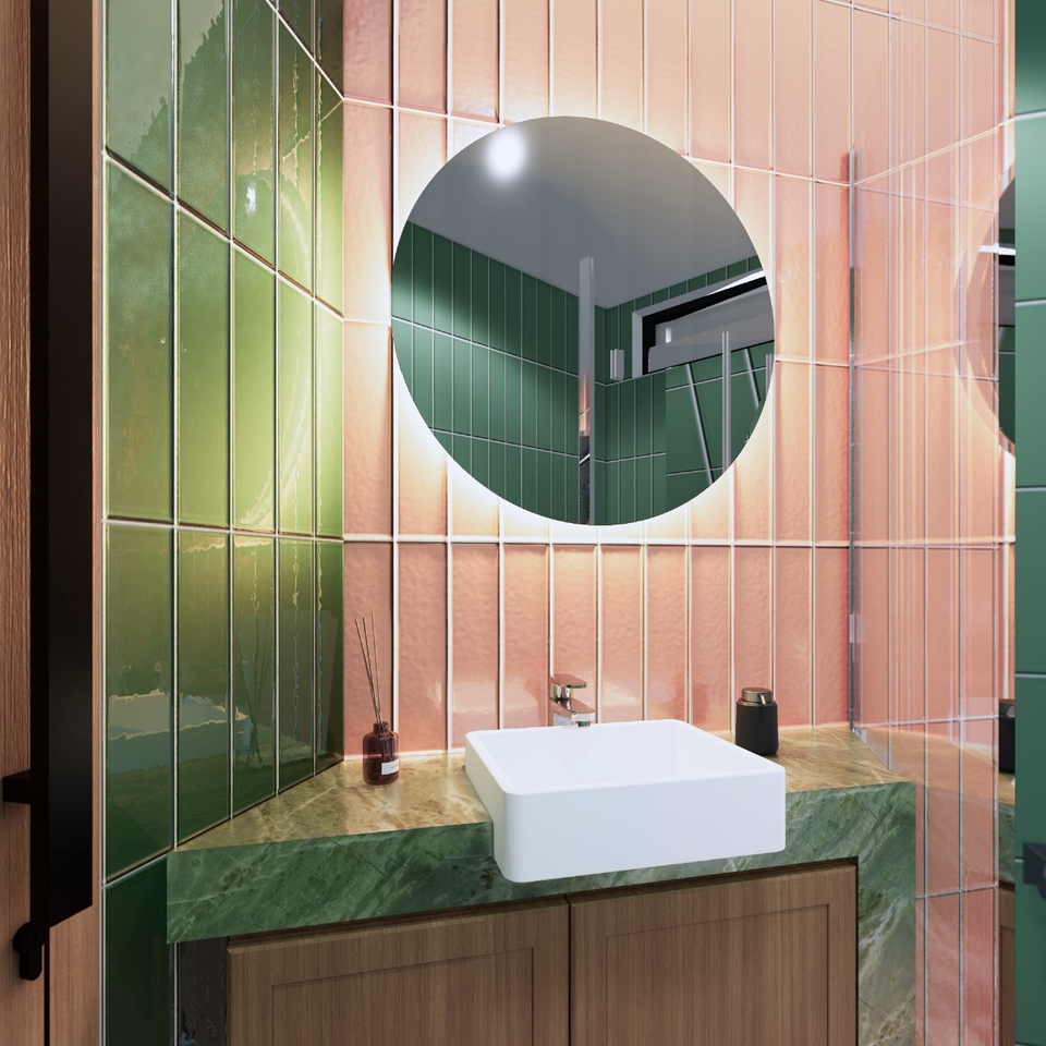 Desain interior kamar mandi minimalis dengan cermin bulat dan wastafel putih, jasa desain interior rumah, jasa desain kamar mandi, desain kamar mandi modern, desain interior 3d, desain interior minimalis.