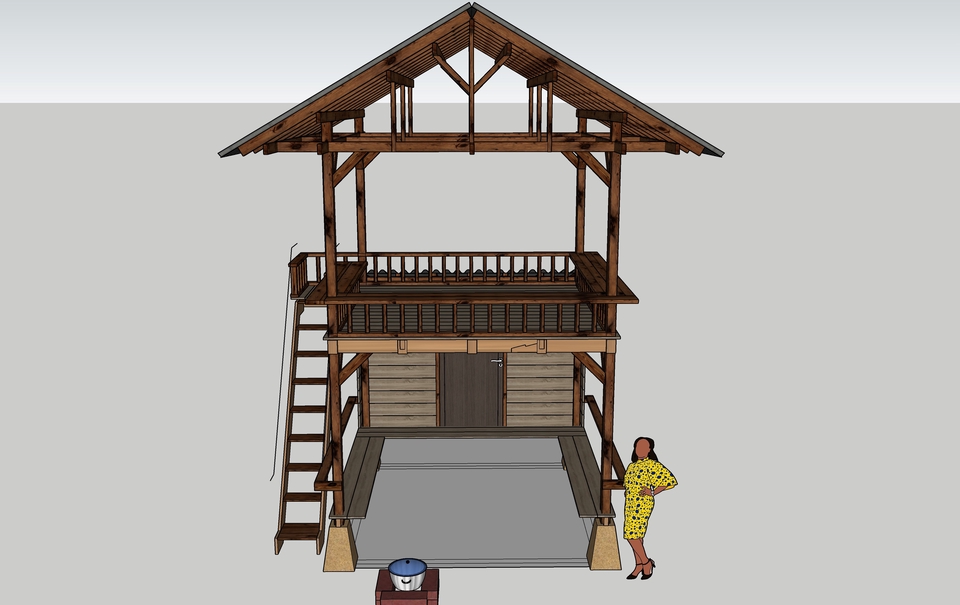 Jasa desain 3D eksterior rumah panggung minimalis dengan tangga dan balkon.