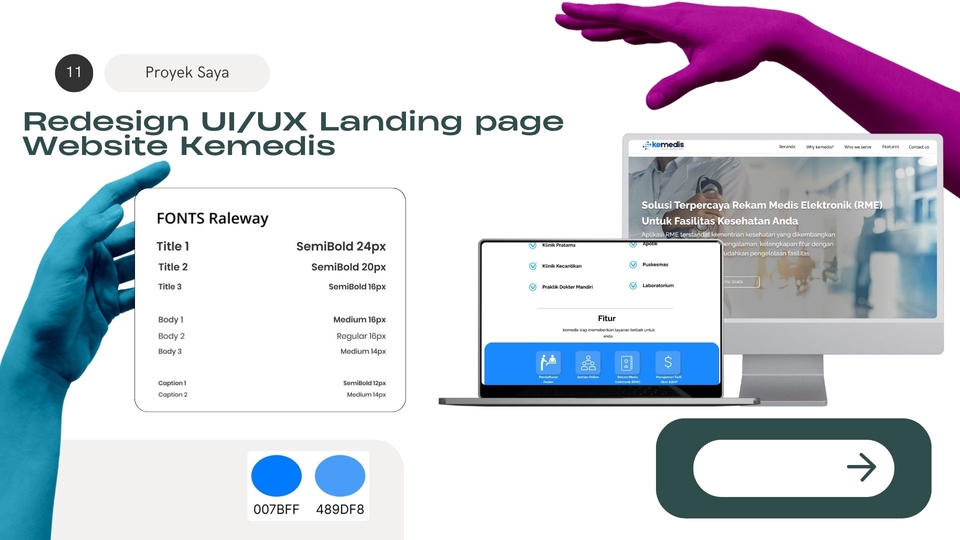 Desain landing page website ui ux dengan tema kesehatan, menampilkan mockup website dan mobile app.