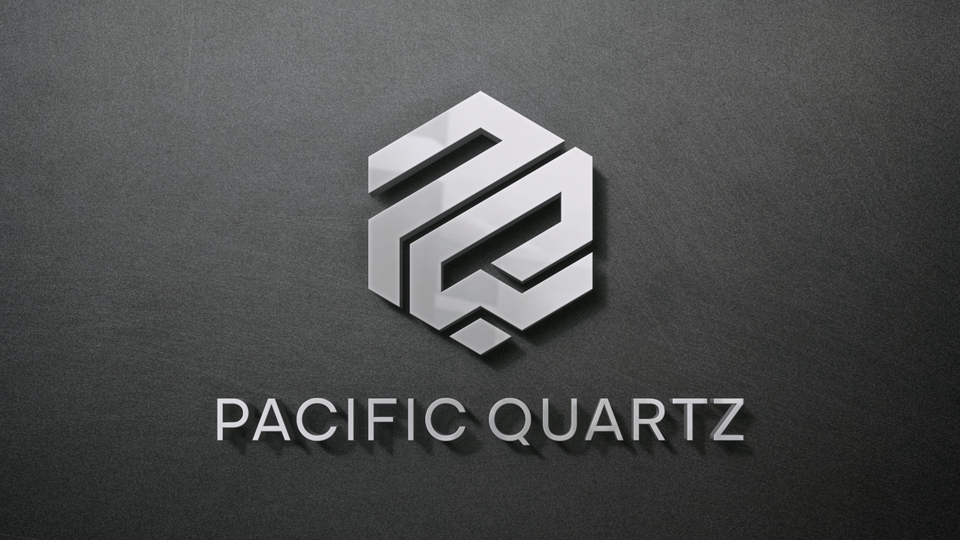 Desain logo perusahaan Pacific Quartz dengan konsep geometris, modern, dan elegan.