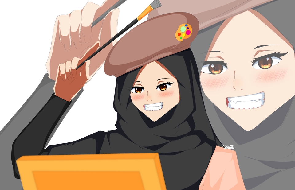 Ilustrasi digital wanita berhijab menggunakan tablet dan pensil untuk menggambar