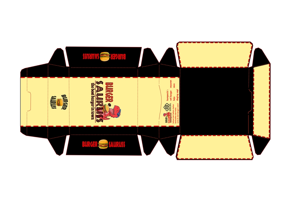 Desain Kemasan Makanan Unik Burgeraurus untuk Branding Usaha Kuliner Anda.