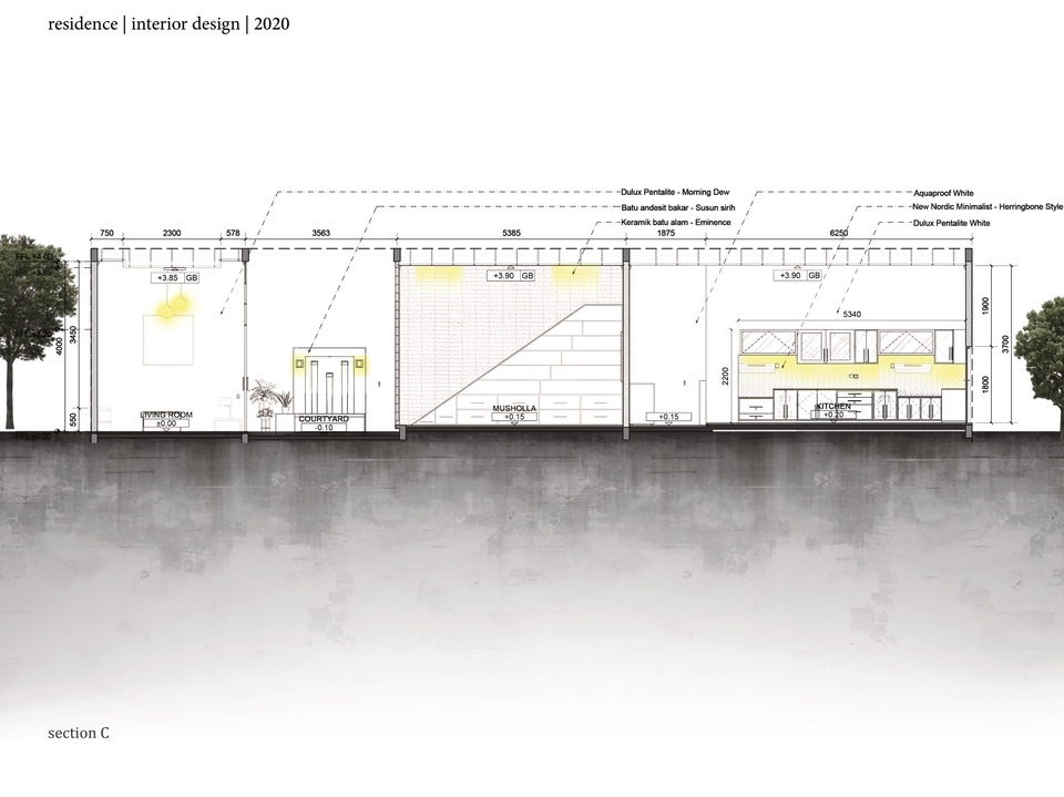 Jasa drafter autocad freelance desain interior rumah modern dengan detail ruangan dan pencahayaan.