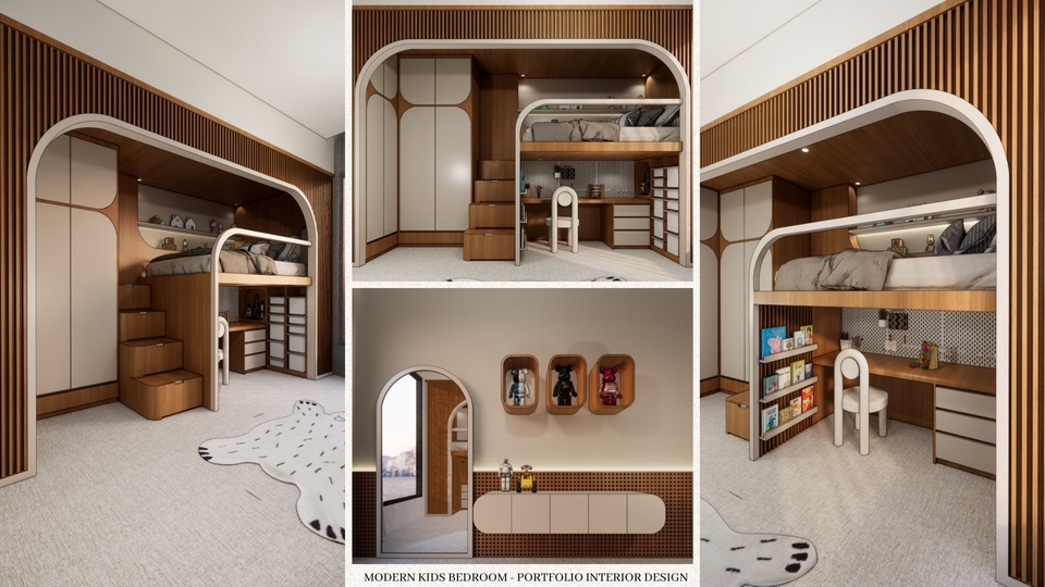 Desain kamar tidur anak minimalis dengan tempat tidur susun dan lemari pakaian built-in.