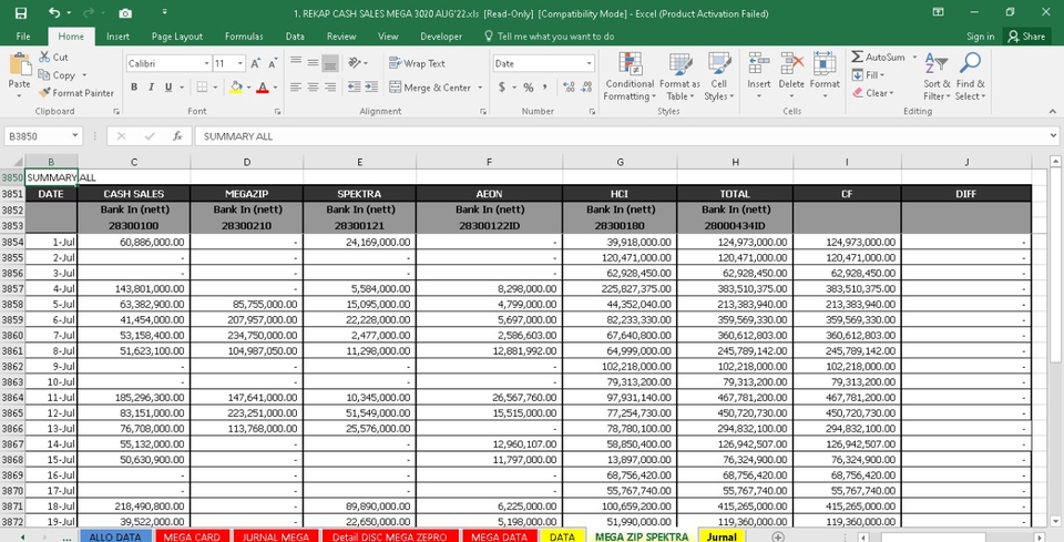 Jasa input data excel untuk mencatat data penjualan harian, lengkap dengan rincian bank, tanggal, dan total transaksi.