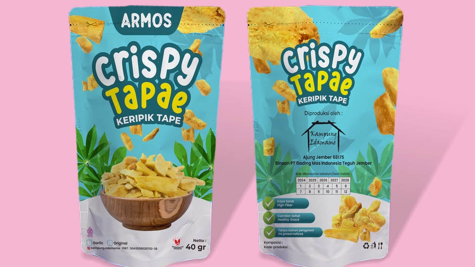 Desain kemasan makanan unik, jasa desain packaging makanan, keripik tape crispy, desain kemasan snack, label makanan