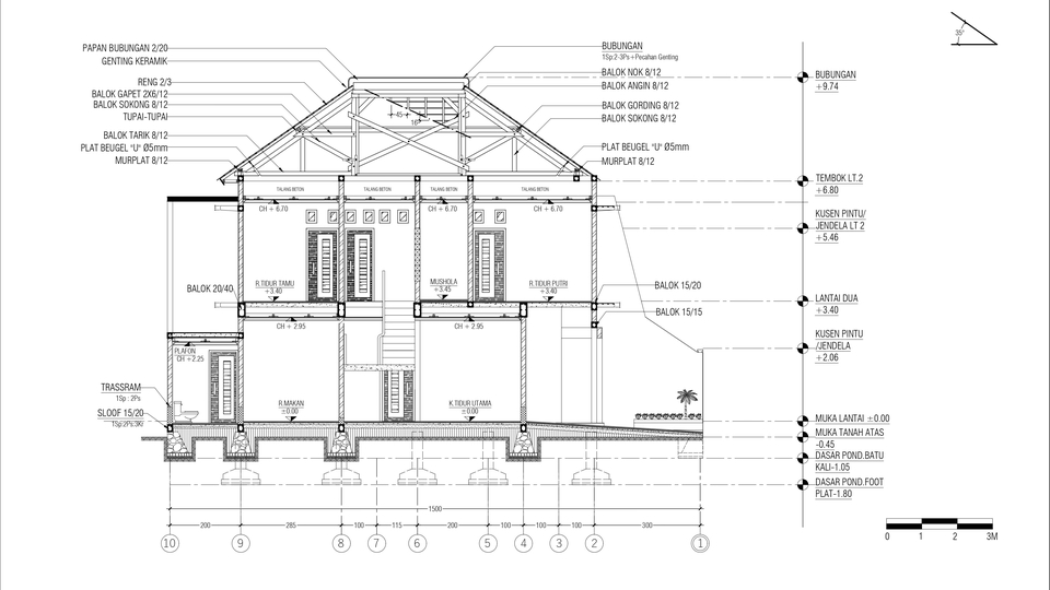 Jasa drafter autocad untuk desain rumah minimalis dengan detail ukuran dan bahan bangunan.