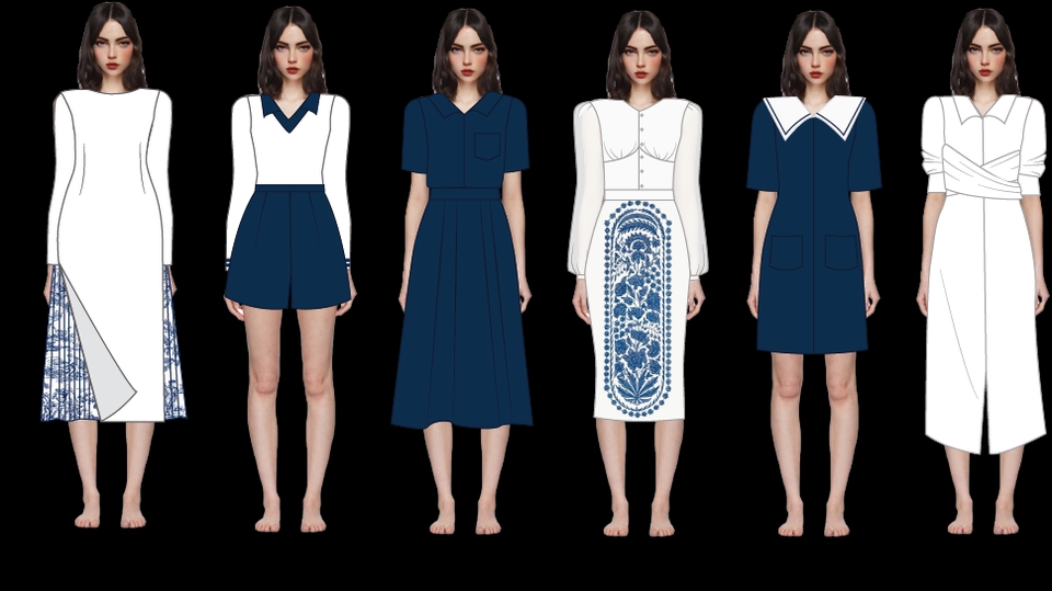 Ilustrasi wanita dengan berbagai gaya pakaian dan pose.