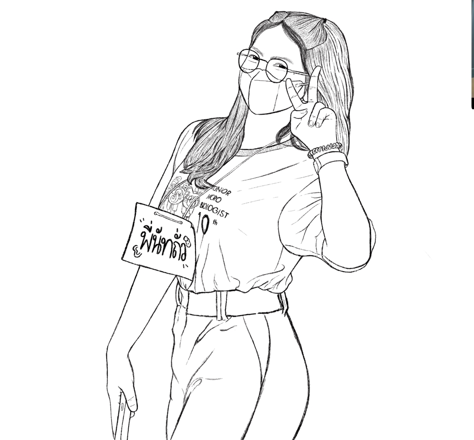 รับวาดภาพเหมือน ภาพวาดผู้หญิงใส่แว่น วางท่าสวย