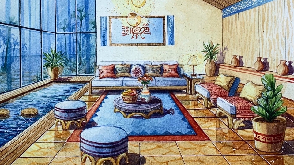 รับวาดรูป ภาพประกอบ สไตล์วินเทจ ภาพวาดในบ้าน โซฟา เครื่องเรือน ต้นไม้