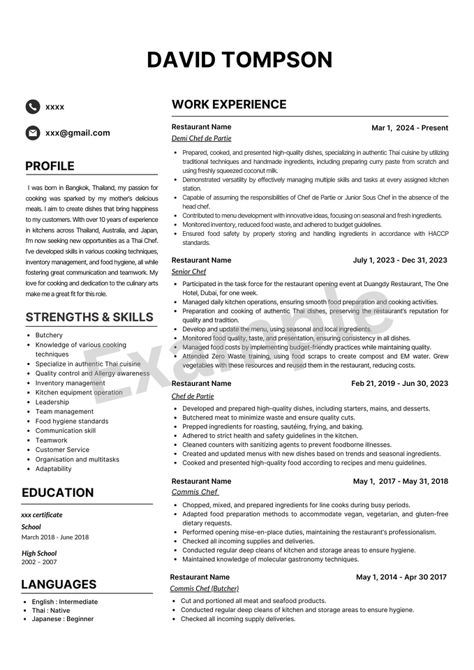 รับทำเรซูเม่ รับทำพอร์ตโฟลิโอ ออกแบบโปรไฟล์ สำหรับคนทำงานในสายอาหาร