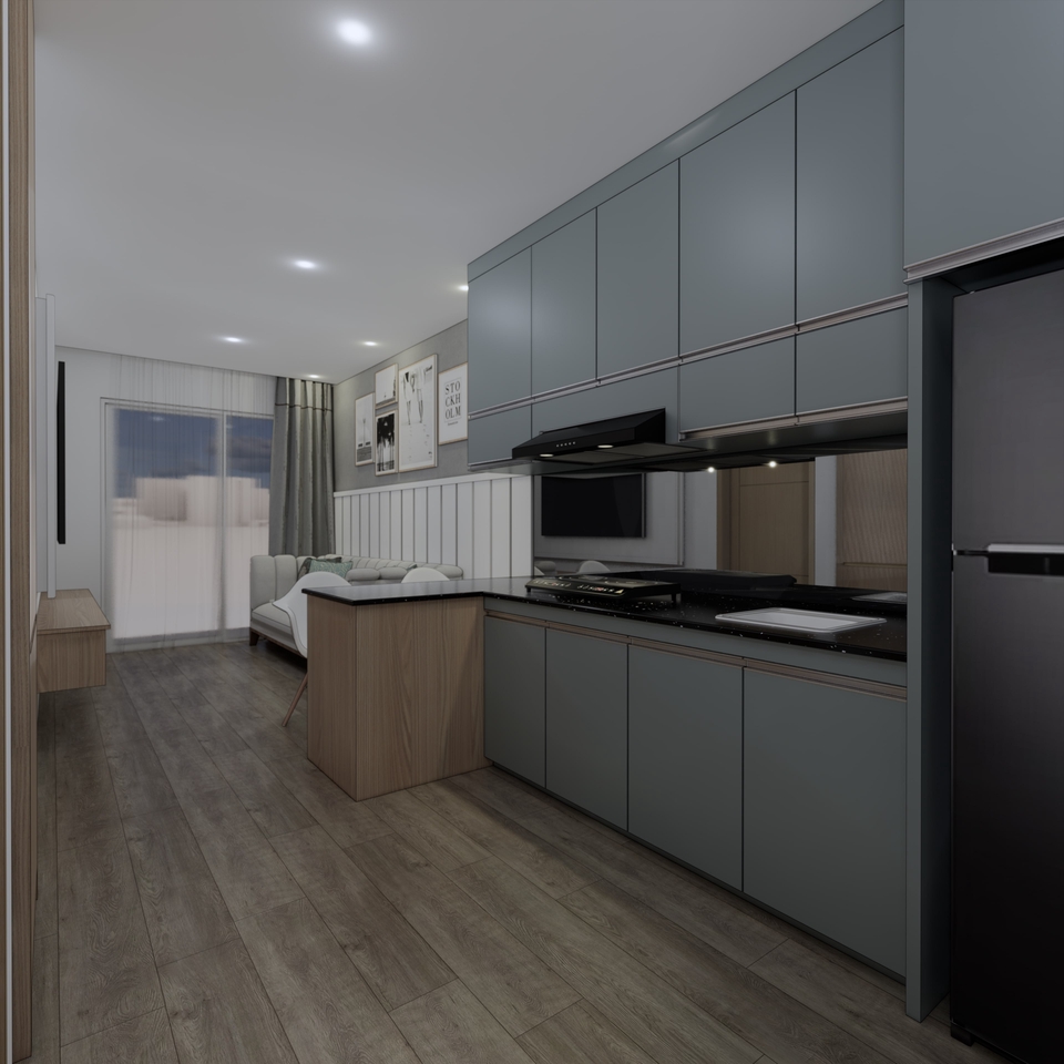 Desain interior dapur minimalis modern dengan kitchen set, lemari, dan wastafel.