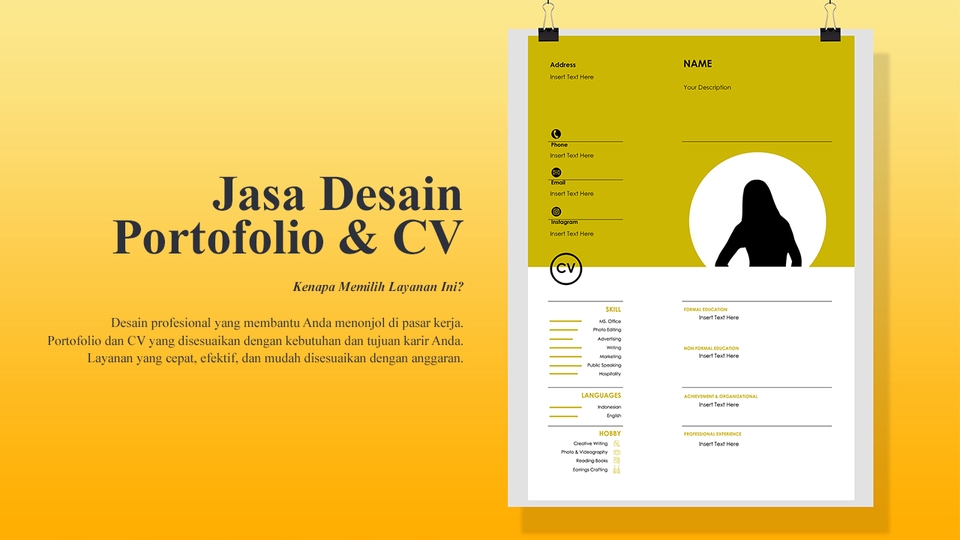 Jasa desain portofolio dan CV profesional untuk menunjang karir Anda, dengan desain menarik dan unik.