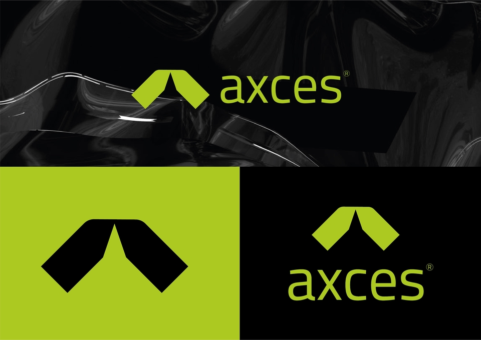 Desain logo axces dengan dua varian warna: kuning dan hijau, cocok untuk bisnis dan perusahaan.