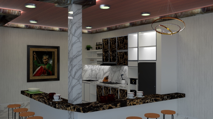 Desain interior kafe minimalis modern dengan desain lemari dapur dan kursi kayu. Jasa desain furniture 3D online.