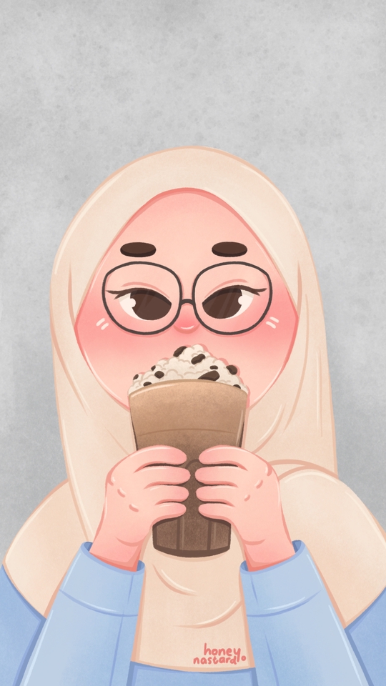 Ilustrasi seorang wanita berhijab sedang minum minuman dingin dengan topping coklat