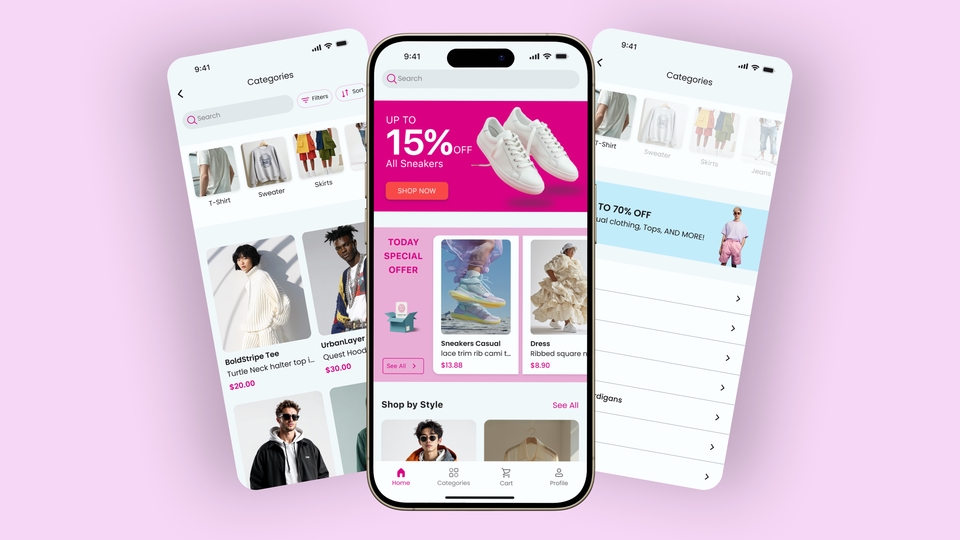 Desain UI UX mobile app untuk aplikasi jual beli online, menampilkan berbagai kategori produk dan promo menarik, cocok untuk freelancer UI UX di Indonesia.