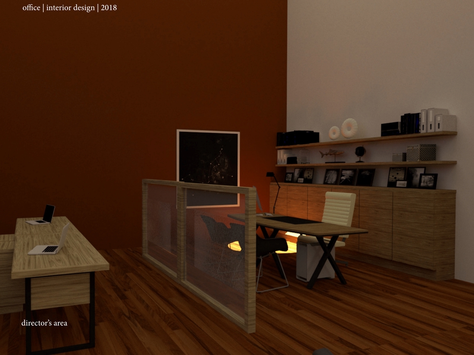 Jasa drafter interior murah untuk desain kantor modern dengan meja kerja dan rak buku