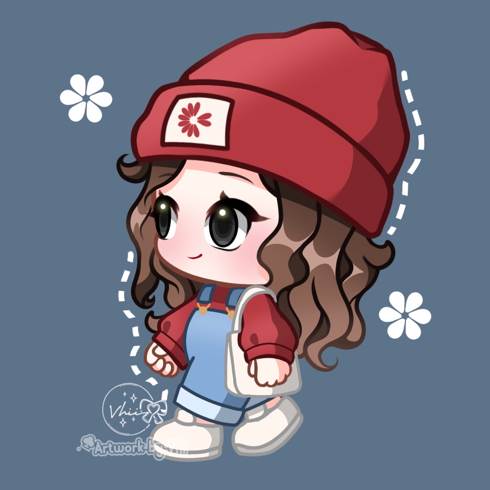 Ilustrasi kartun gadis lucu dengan topi merah, berpakaian overalls biru, memegang tas putih, cocok untuk desain karakter atau avatar, ilustrasi digital.