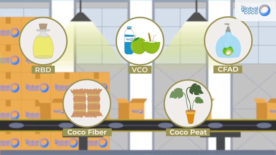 Jasa pembuatan animasi motion graphic produk kelapa: VCO, RBD, CFAD, sabut, dan coco peat.  Harga murah, video explainer.