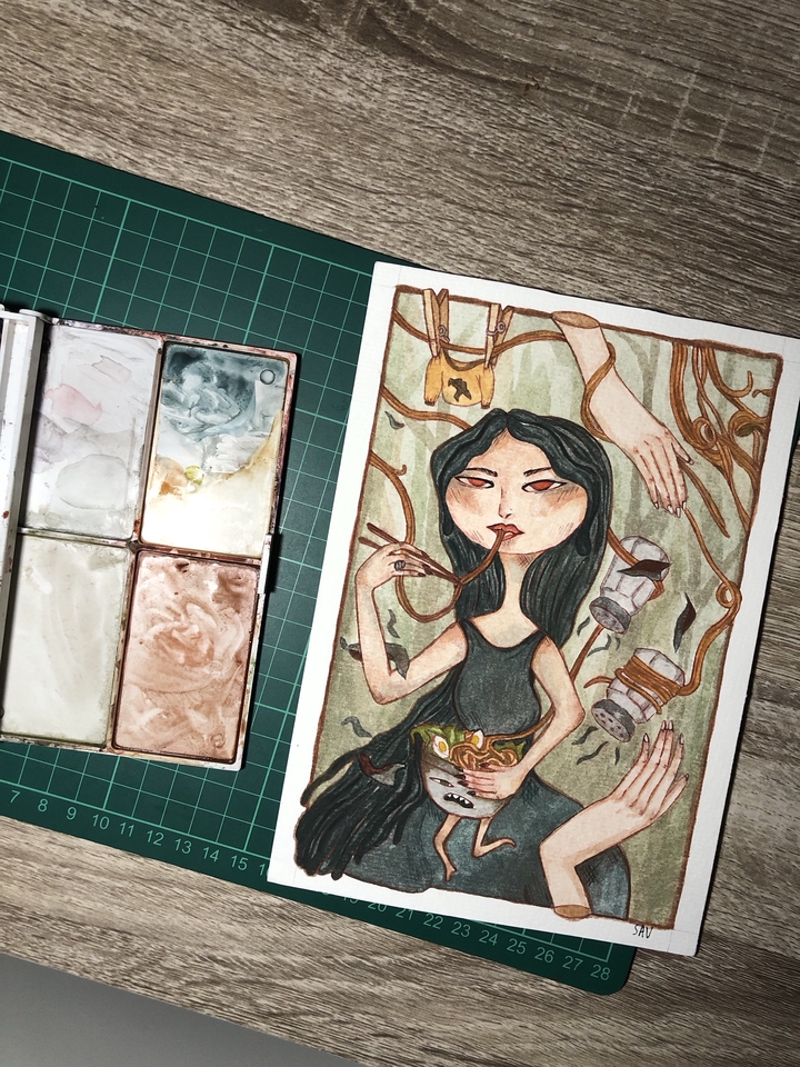 Ilustrasi wanita dengan rambut hitam panjang sedang makan ramen dengan background alam hijau