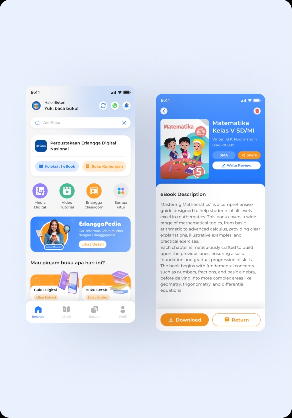 Desain UI UX mobile app untuk platform freelance dengan ilustrasi buku dan fitur pencarian buku.