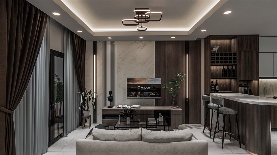 Desain interior ruang tamu minimalis dengan rak dinding dan meja tv modern