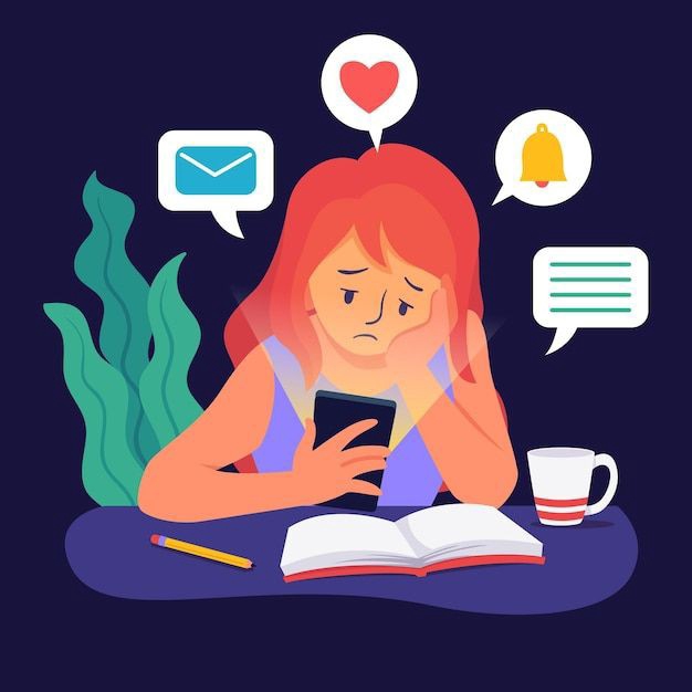 Wanita sedang bersedih karena banyak notifikasi di ponselnya, mencari bantuan self improvement online