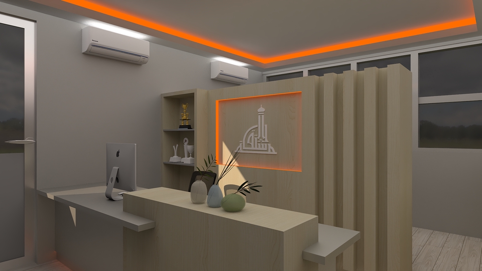 Desain interior ruang kantor minimalis dengan desain dinding unik dan meja resepsionis yang modern.