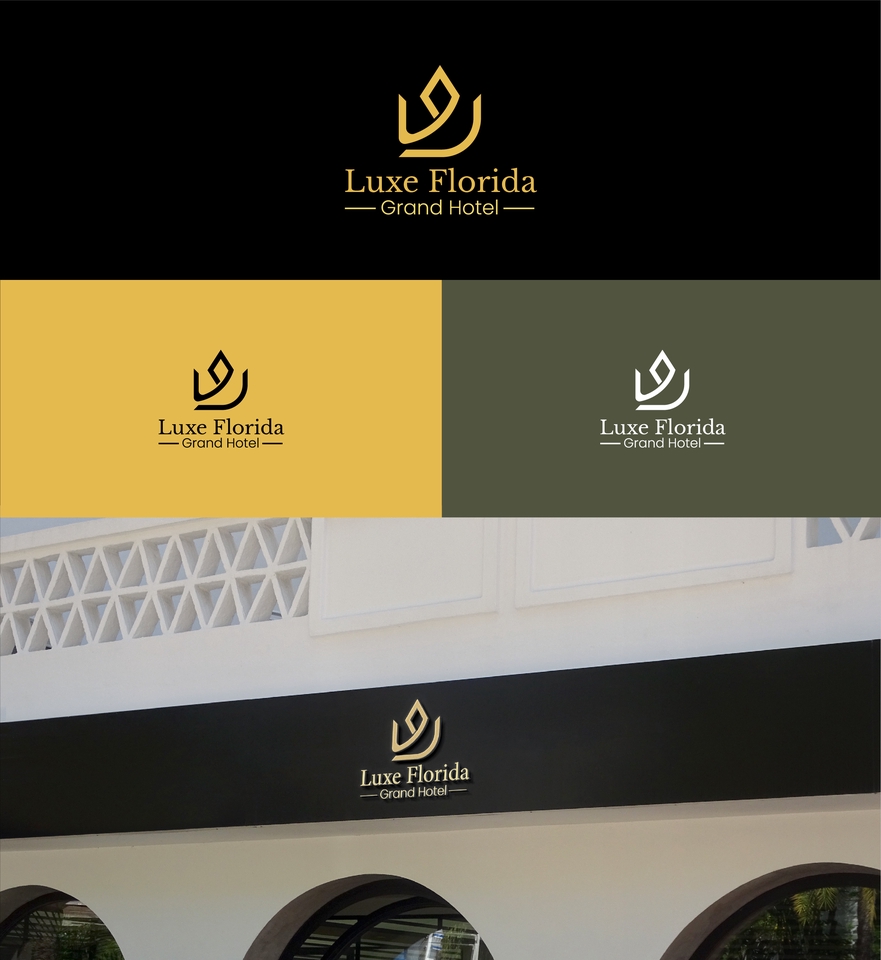 Desain logo untuk hotel bernama Luxe Florida Grand Hotel dengan konsep minimalis dan elegan.