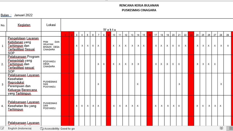 Jasa data entry excel untuk jadwal kegiatan bulanan di Puskesmas Cinagara