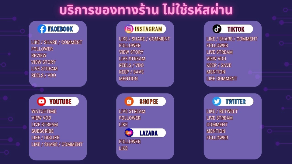 โปรโมทเพจ facebook instagram tiktok youtube shopee lazada twitter เพิ่มยอดไลค์ ผู้ติดตาม วิว