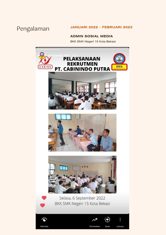 Jasa pembuatan caption instagram - gambar caption ig tentang pengalaman sebagai admin sosial media BKK SMK Negeri 15 Kota Bekasi, dengan caption tentang pelaksanaan rekrutmen PT Cabindo Putra pada Selasa, 6 September 2022.